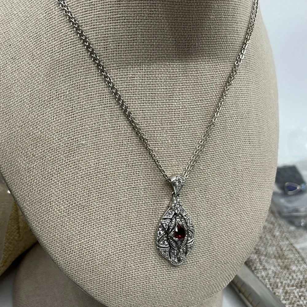 Vintage QVC Diamonique Garnet Necklace - Sterling Silver 925 - Picture 12 of 17